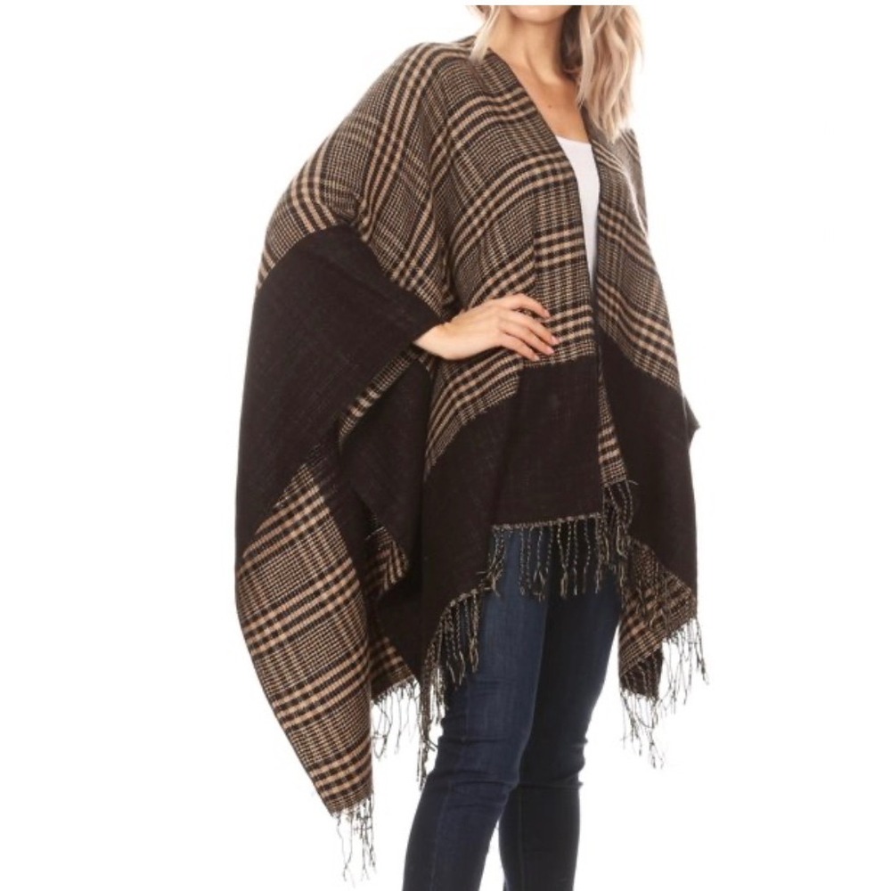 Sakkas Brown Gingham Reversible Fringe‎ Open Front Poncho Wrap Cape One Size